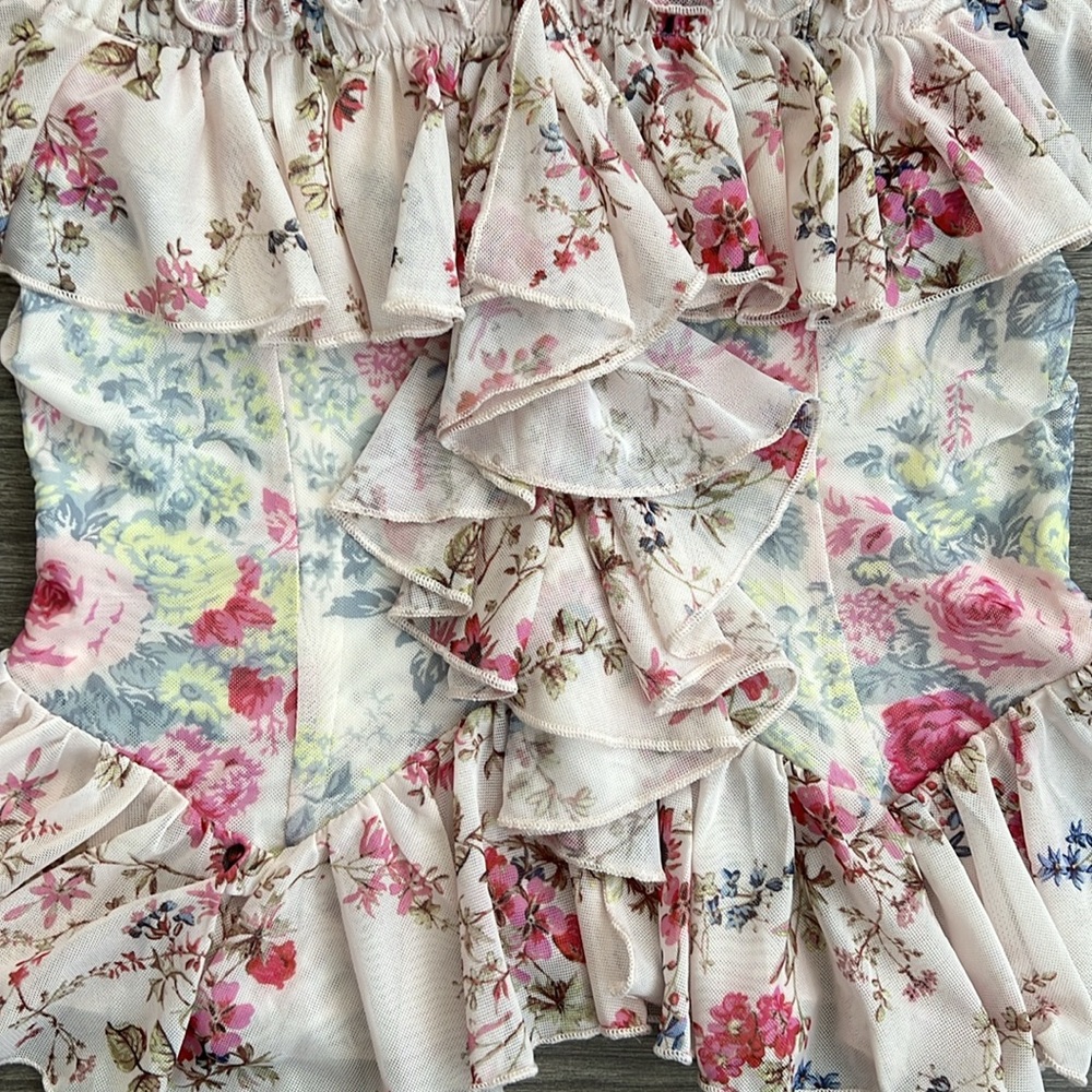 Anthropologie Off the Shoulder Mesh Top Small Pink Floral Ruffle Cottagecore NWT - Picture 8 of 12
